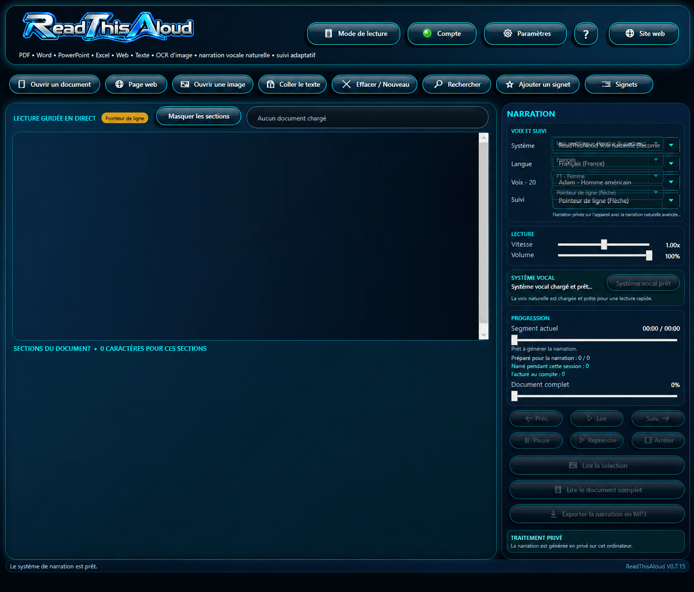 Interface de l’application Windows ReadThisAloud
