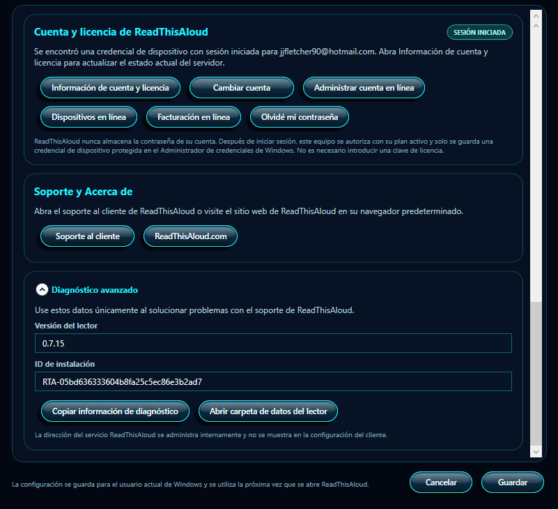 Configuración de ReadThisAloud con Cuenta y licencia, Soporte y Acerca de, Diagnóstico avanzado, Cancelar y Guardar