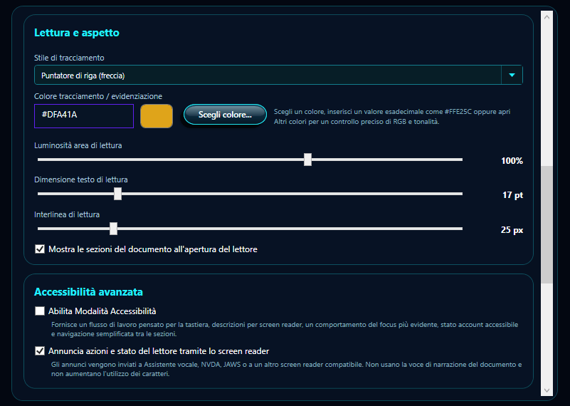 Configuración de ReadThisAloud con apariencia de lectura, controles de color y Accesibilidad avanzada