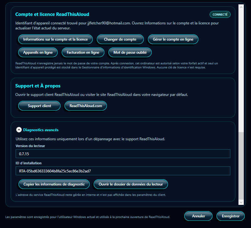 Paramètres ReadThisAloud affichant Compte et licence, Assistance, Diagnostics avancés, Annuler et Enregistrer