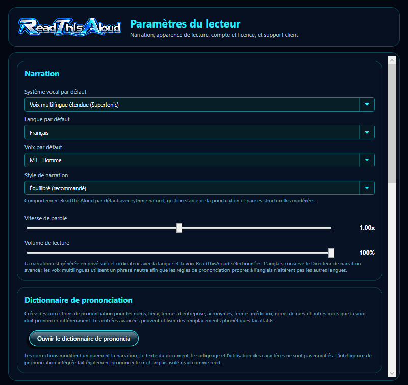 Paramètres ReadThisAloud affichant Narration et Dictionnaire de prononciation
