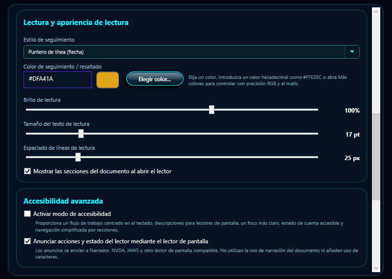 Paramètres ReadThisAloud affichant l’apparence, les couleurs et l’Accessibilité avancée