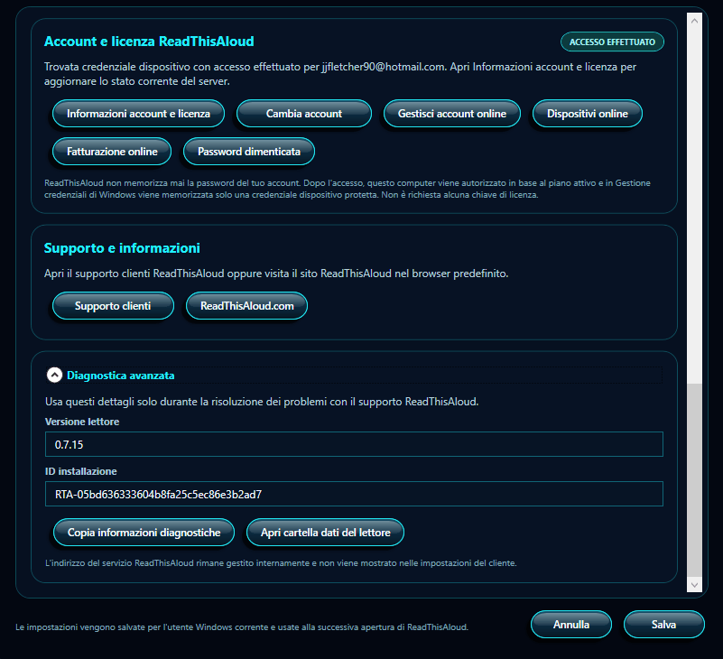 Impostazioni ReadThisAloud con Account e licenza, Supporto, Diagnostica avanzata, Annulla e Salva