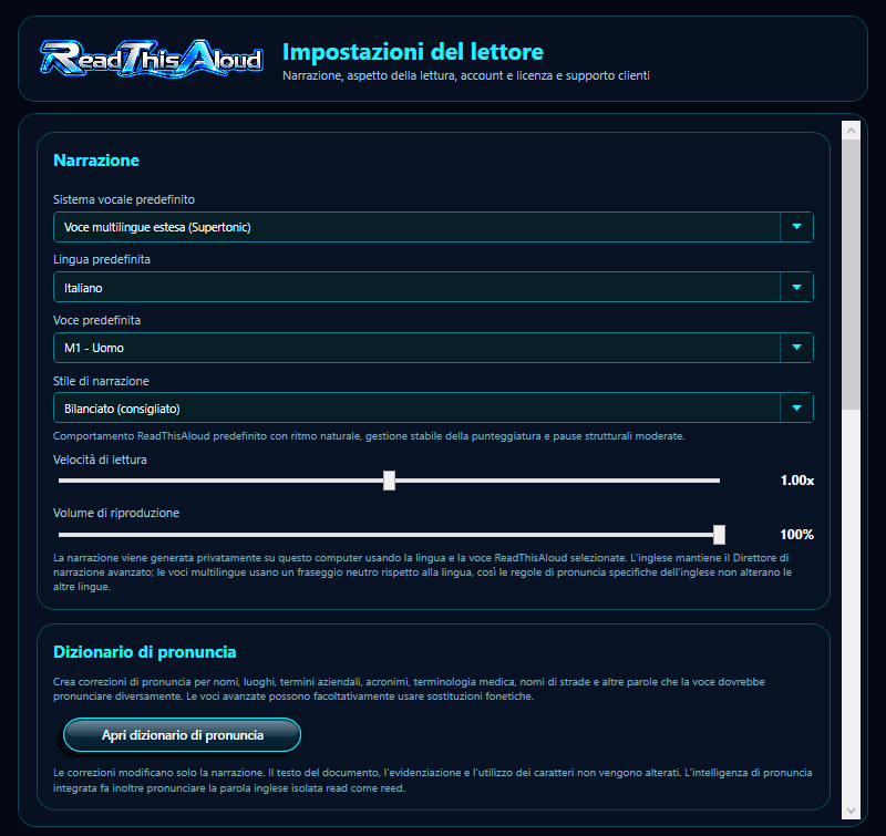 Impostazioni ReadThisAloud con Narrazione e Dizionario pronuncia