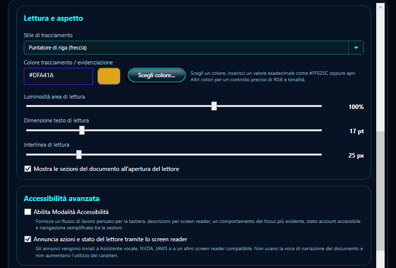 Impostazioni ReadThisAloud con aspetto, colori e Accessibilità avanzata