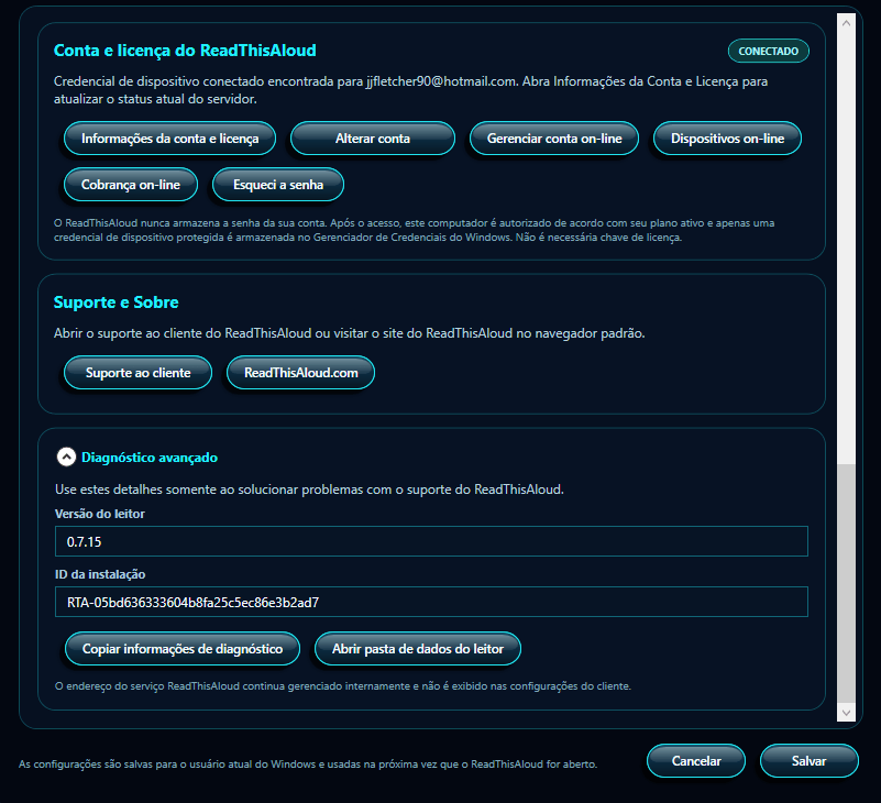 Configurações do ReadThisAloud mostrando Conta e licença, Suporte, Diagnóstico avançado, Cancelar e Salvar