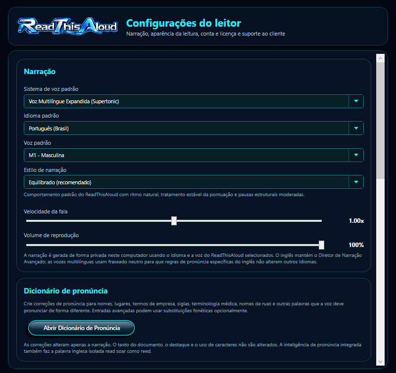 Configurações do ReadThisAloud mostrando Narração e Dicionário de pronúncia