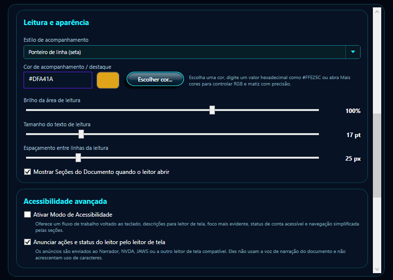 Configurações do ReadThisAloud mostrando aparência, cores e Acessibilidade avançada