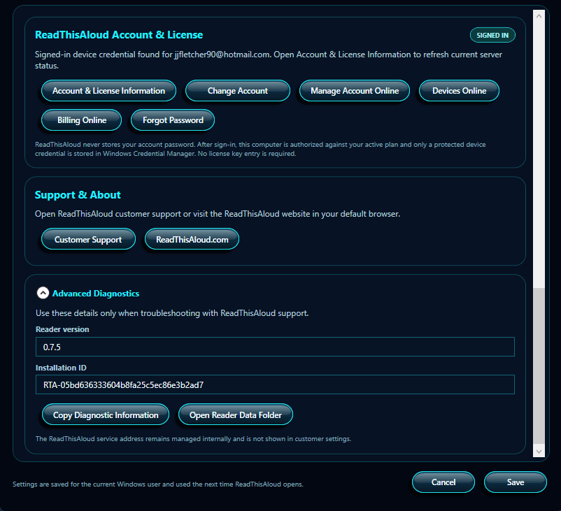 ReadThisAloud Reader Settings showing Account and License, Support and About, Advanced Diagnostics, Cancel, and Save