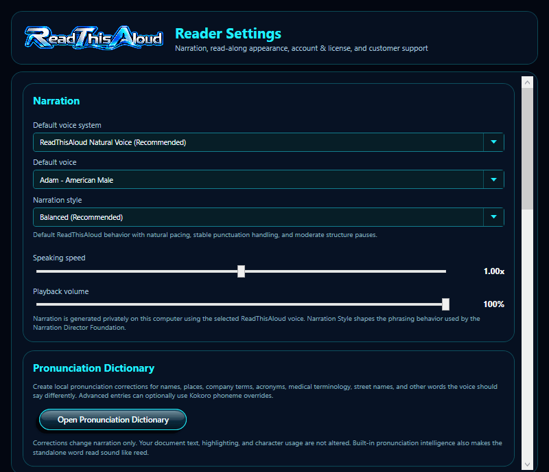 ReadThisAloud Reader Settings showing Narration and Pronunciation Dictionary controls
