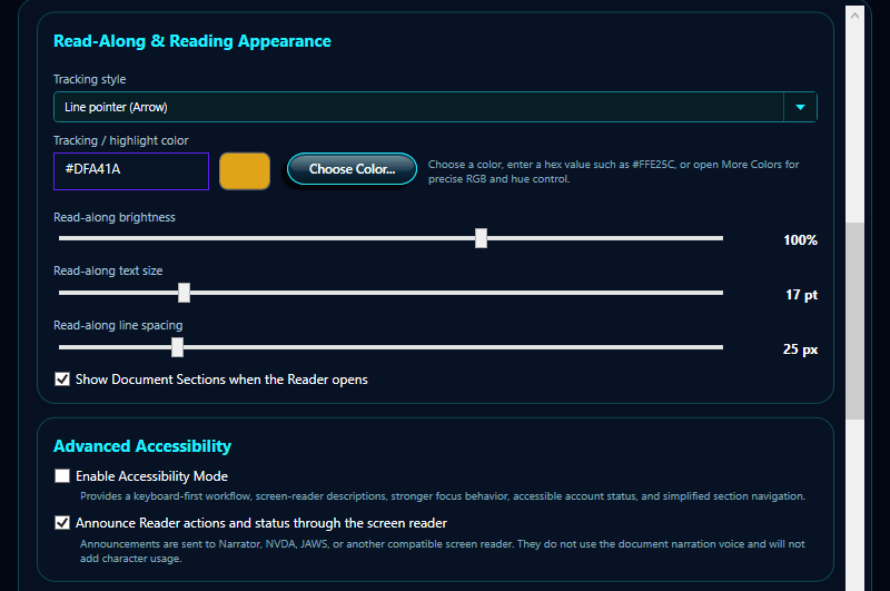 ReadThisAloud Reader Settings showing Read-Along appearance, color controls, and Advanced Accessibility controls