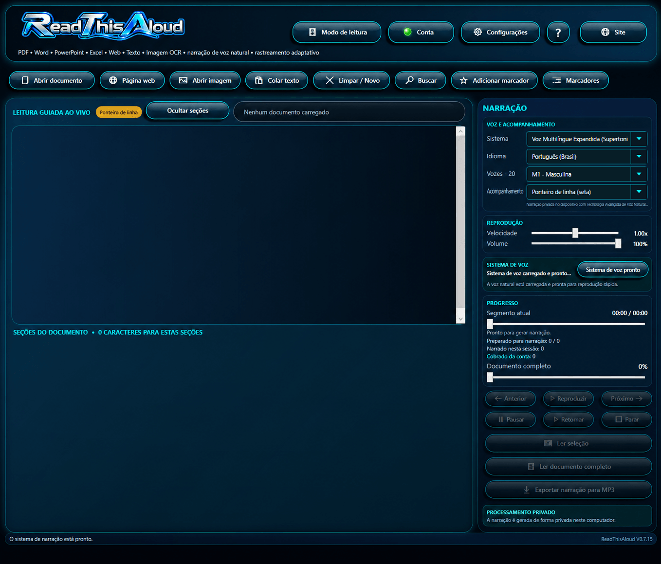 Interface do aplicativo Windows ReadThisAloud